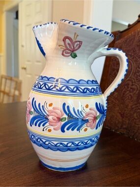 VTG Hand Painted Spanish Talavera? Pottery Pitcher Pinched Spout Majolica Signed